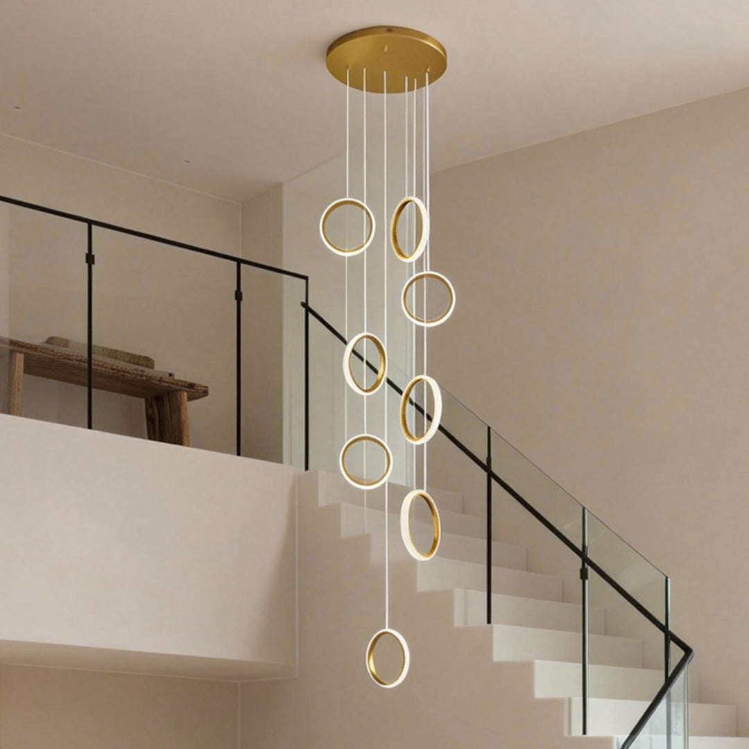 Ring Crown Linear Acrylic LED Staircase Chandelier Anodized Gold Aluminium 3000K 6/8 Light Indoor