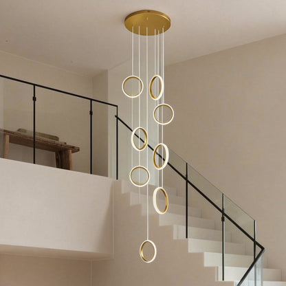 Ring Crown Linear Acrylic LED Staircase Chandelier Anodized Gold Aluminium 3000K 6/8 Light Indoor