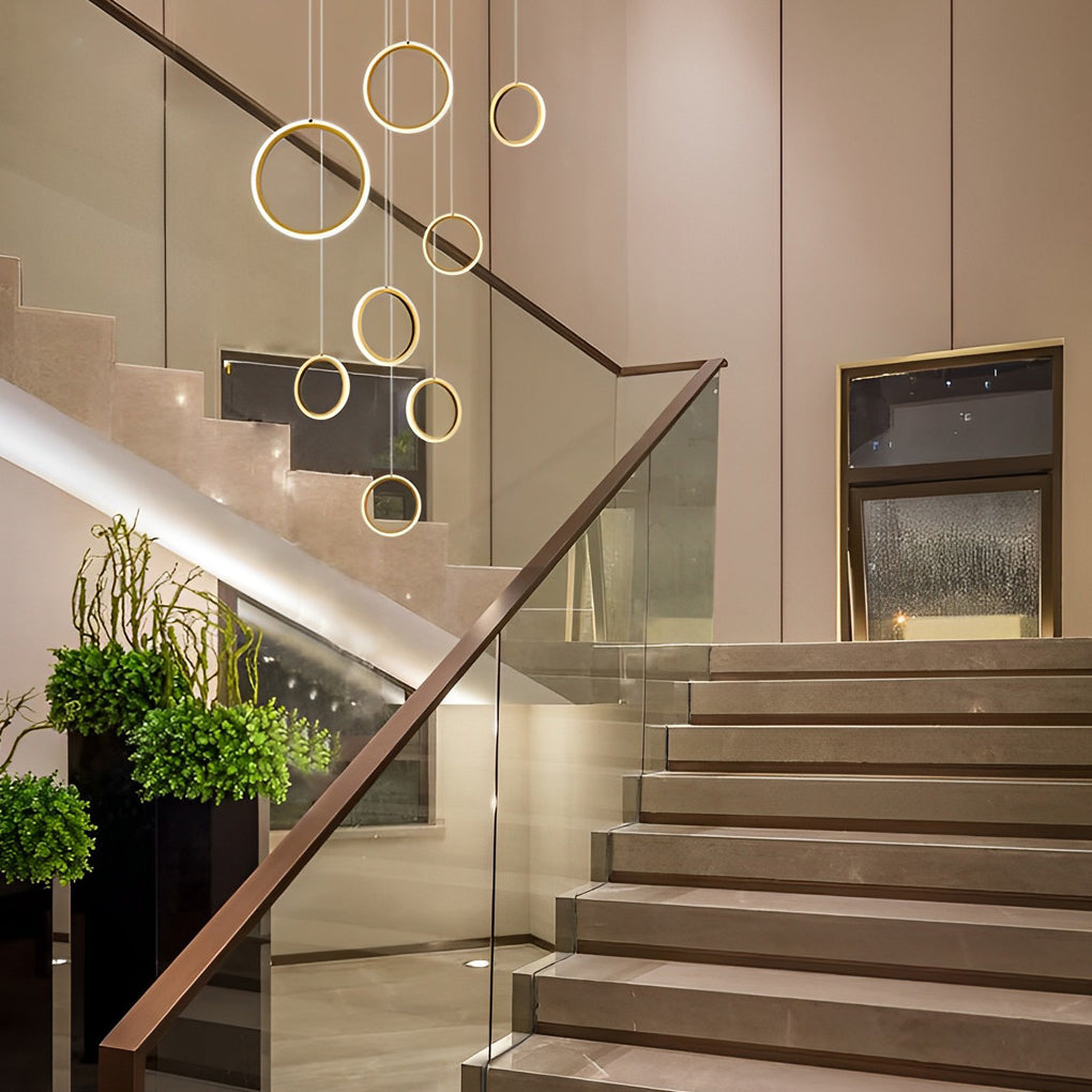 Ring Crown Linear Acrylic LED Staircase Chandelier Anodized Gold Aluminium 3000K 6/8 Light Indoor