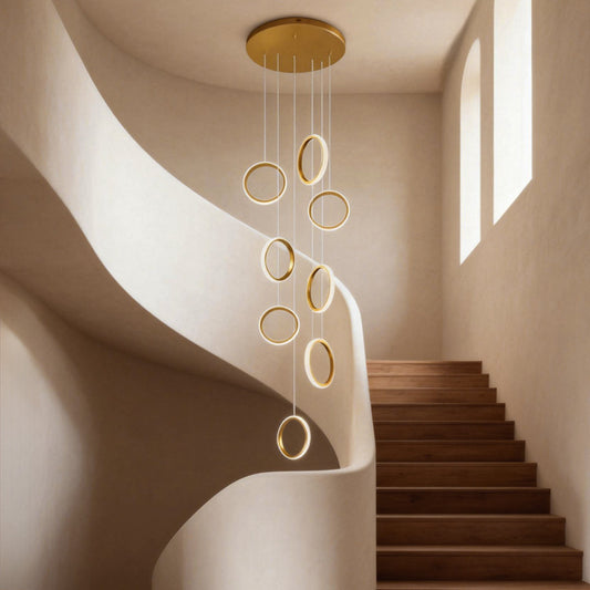 Ring Crown Linear Acrylic LED Staircase Chandelier Anodized Gold Aluminium 3000K 6/8 Light Indoor