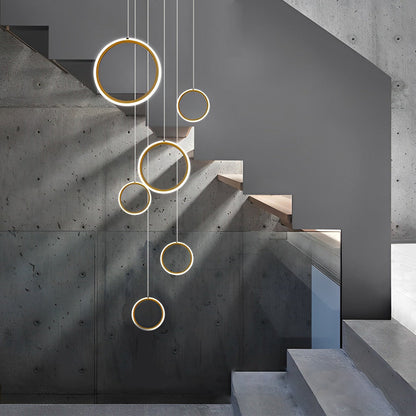 Ring Crown Linear Acrylic LED Staircase Chandelier Anodized Gold Aluminium 3000K 6/8 Light Indoor