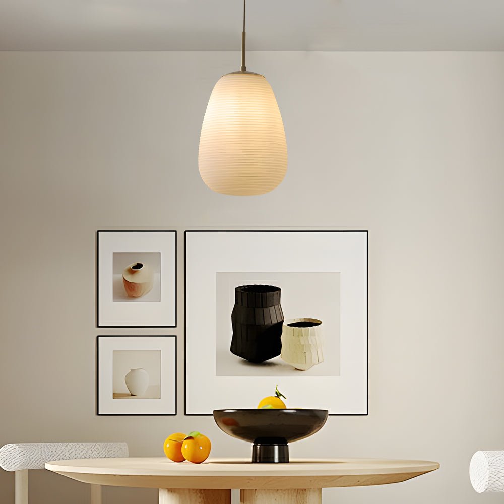 Ribbed White Glass Cocoon Pendant Light Brushed Brass Hardware E27 Warm White 3 Shapes Indoor