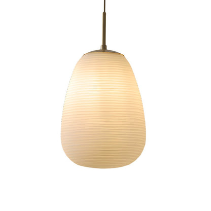Ribbed White Glass Cocoon Pendant Light Brushed Brass Hardware E27 Warm White 3 Shapes Indoor