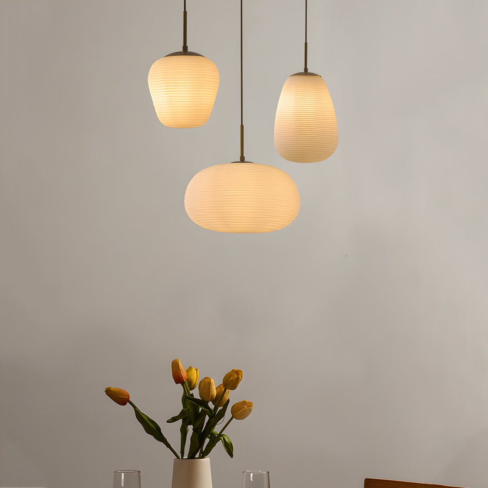 Ribbed White Glass Cocoon Pendant Light Brushed Brass Hardware E27 Warm White 3 Shapes Indoor