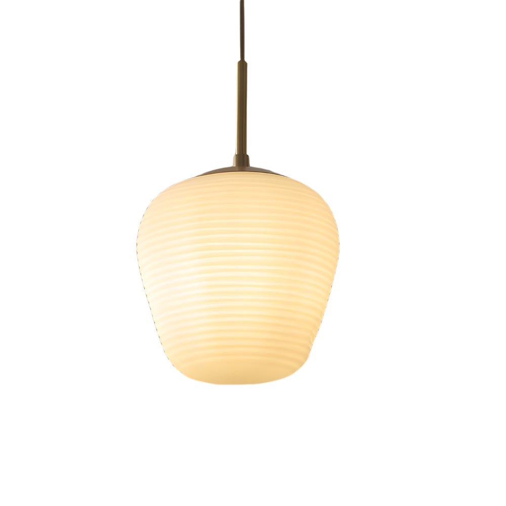 Ribbed White Glass Cocoon Pendant Light Brushed Brass Hardware E27 Warm White 3 Shapes Indoor