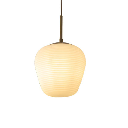 Ribbed White Glass Cocoon Pendant Light Brushed Brass Hardware E27 Warm White 3 Shapes Indoor