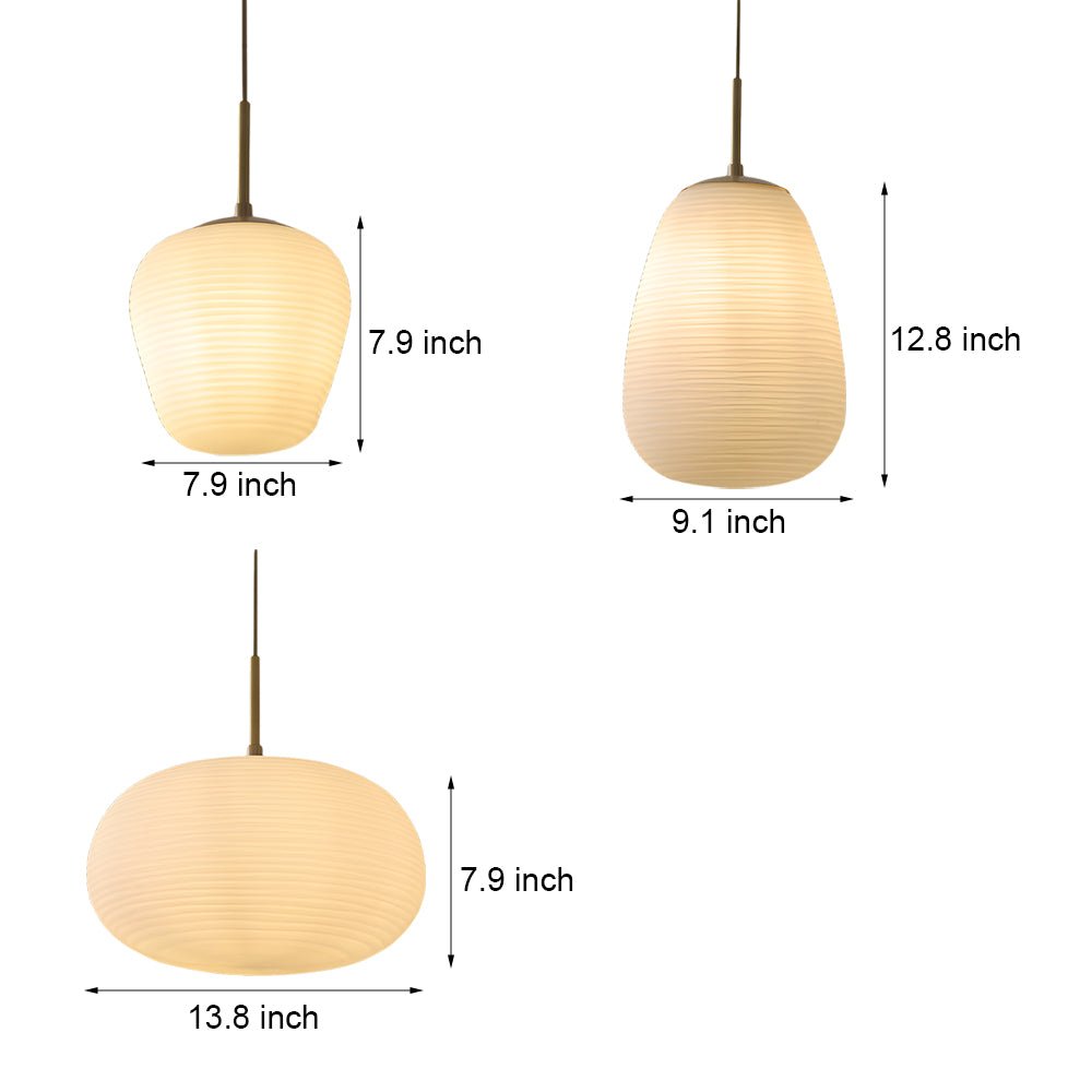 Ribbed White Glass Cocoon Pendant Light Brushed Brass Hardware E27 Warm White 3 Shapes Indoor