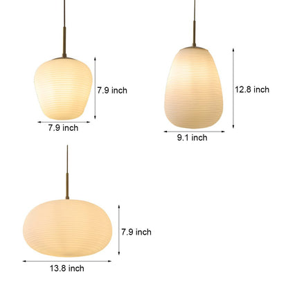 Ribbed White Glass Cocoon Pendant Light Brushed Brass Hardware E27 Warm White 3 Shapes Indoor