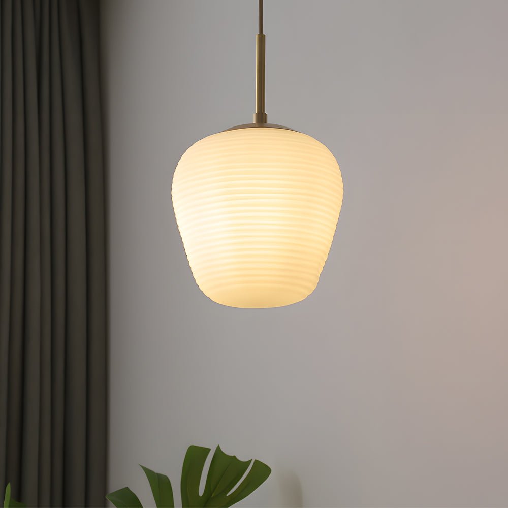 Ribbed White Glass Cocoon Pendant Light Brushed Brass Hardware E27 Warm White 3 Shapes Indoor