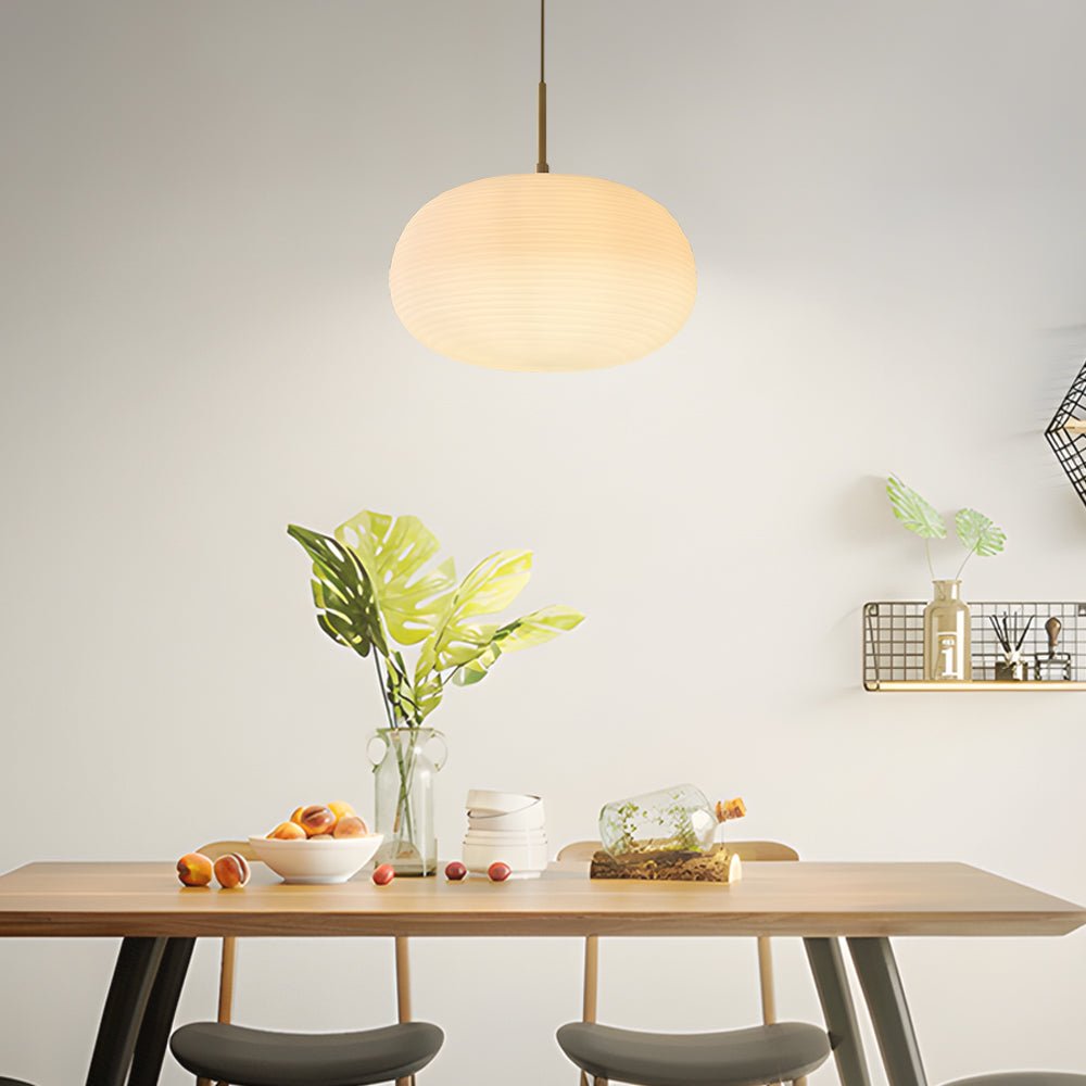 Ribbed White Glass Cocoon Pendant Light Brushed Brass Hardware E27 Warm White 3 Shapes Indoor