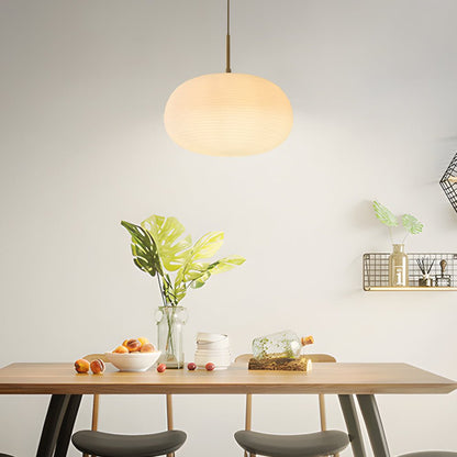 Ribbed White Glass Cocoon Pendant Light Brushed Brass Hardware E27 Warm White 3 Shapes Indoor