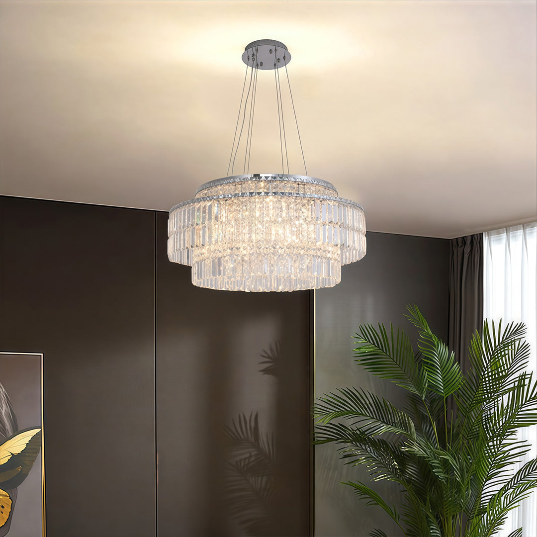 Crystal Chandelier Stainless Steel Silver Round Crystal Beads Tiered Drum Rectangular E14 LED Tri-Color