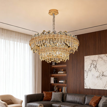 Crystal Chandelier Carbon Steel Gold Champagne LED Tri-Color Integrated Single Double Layer Oval Modern