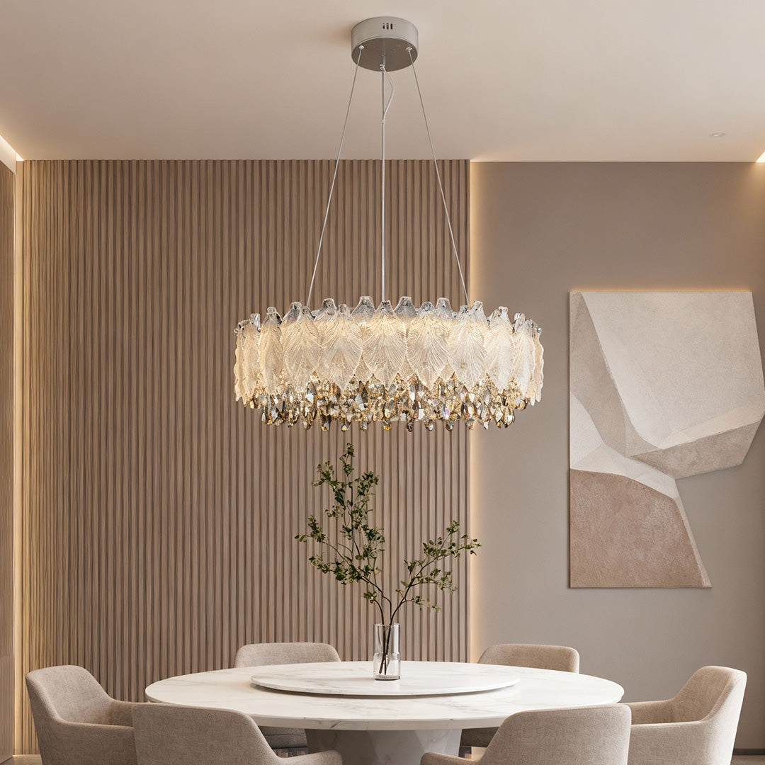 Crystal Chandelier Carbon Steel Champagne Gold French Country LED Tri-Color Leaf Crystal Single Double Layer Long Hanging