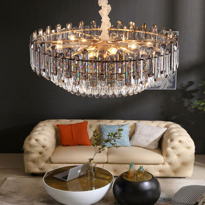 Tiered Crystal Drum Chandelier Gold Iron E14 3000K Smoky Clear Crystal Round Oval Dining Room