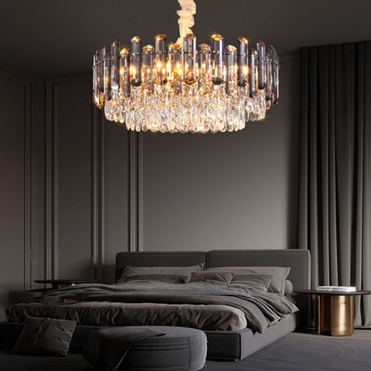 Tiered Crystal Drum Chandelier Gold Iron E14 3000K Smoky Clear Crystal Round Oval Dining Room