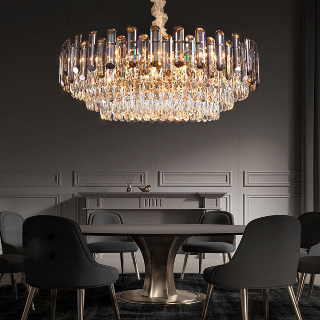 Tiered Crystal Drum Chandelier Gold Iron E14 3000K Smoky Clear Crystal Round Oval Dining Room