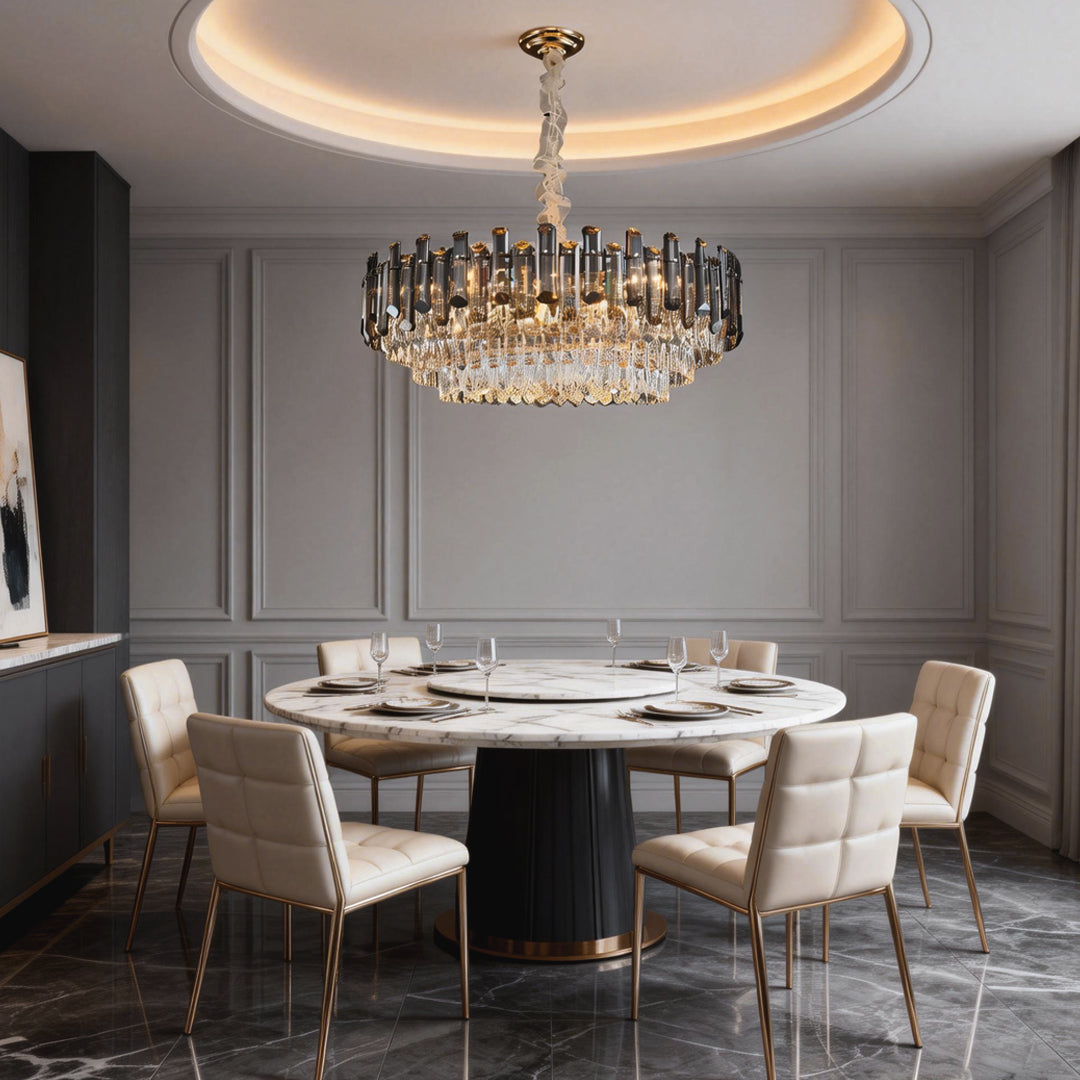Tiered Crystal Drum Chandelier Gold Iron E14 3000K Smoky Clear Crystal Round Oval Dining Room