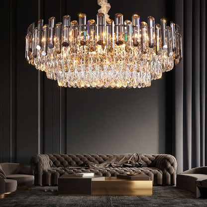 Tiered Crystal Drum Chandelier Gold Iron E14 3000K Smoky Clear Crystal Round Oval Dining Room