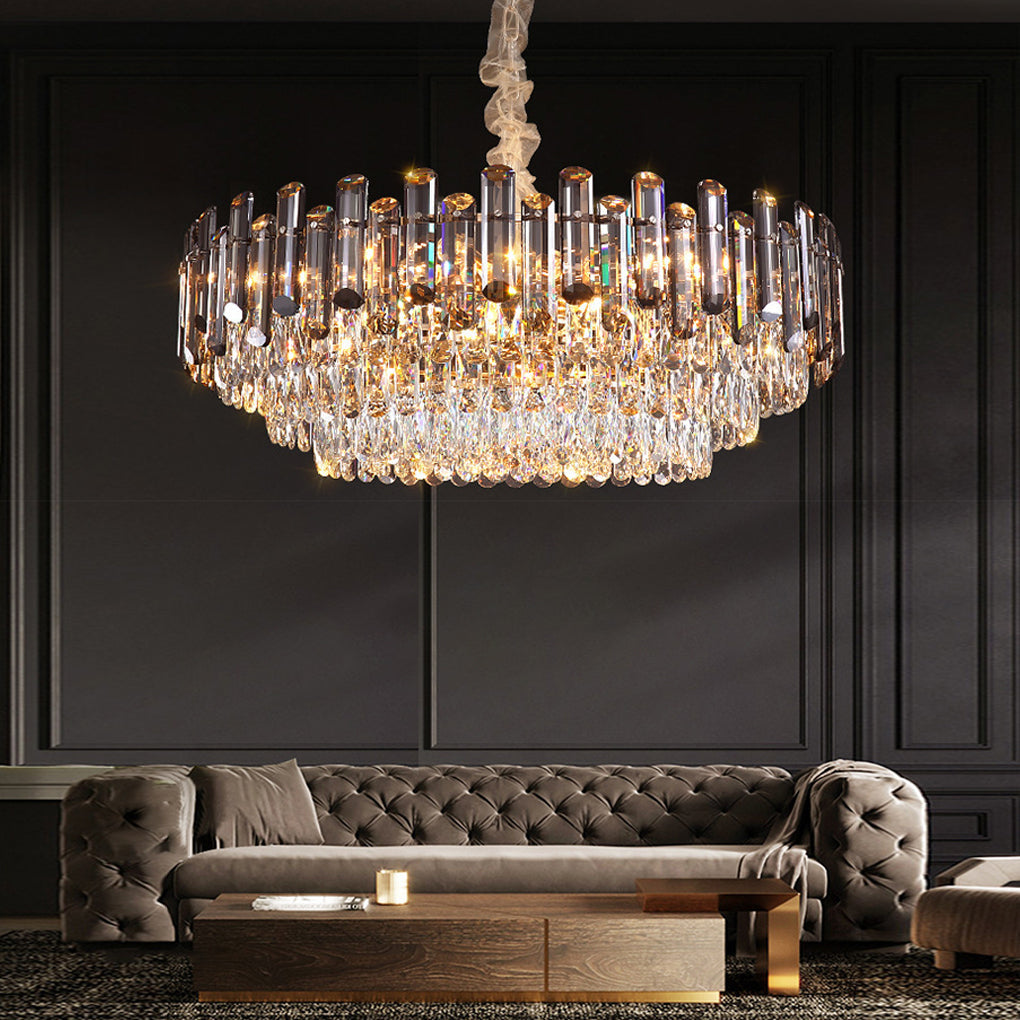 Tiered Crystal Drum Chandelier Gold Iron E14 3000K Smoky Clear Crystal Round Oval Dining Room