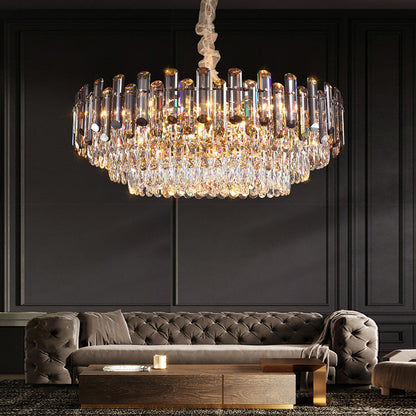 Tiered Crystal Drum Chandelier Gold Iron E14 3000K Smoky Clear Crystal Round Oval Dining Room