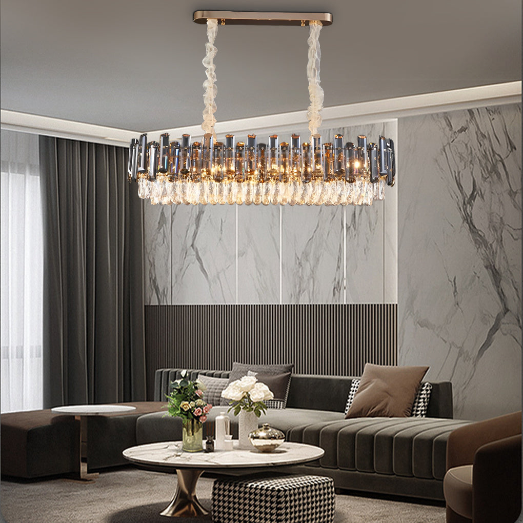 Tiered Crystal Drum Chandelier Gold Iron E14 3000K Smoky Clear Crystal Round Oval Dining Room