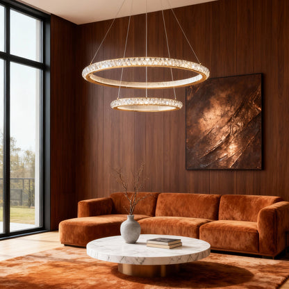 Round Gold Crystal Chandelier Aluminum Clear Crystal Integrated LED Italian 3-Step Dimming