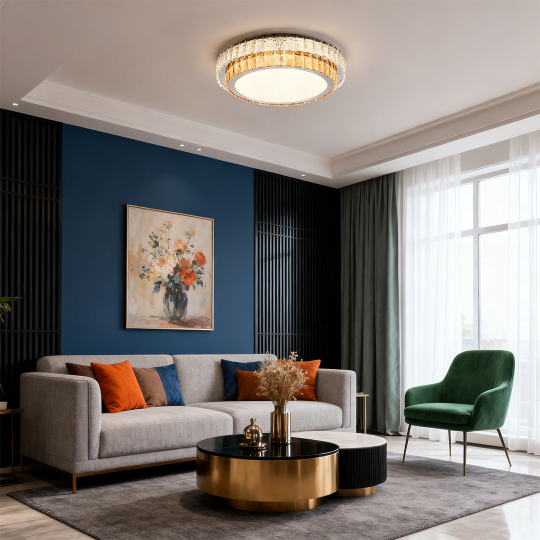 Round, Square, and Rectangle Crystal Trim Flush Mount in Chrome Stainless Steel with 3-Step Colour Temperature in Six Sizes