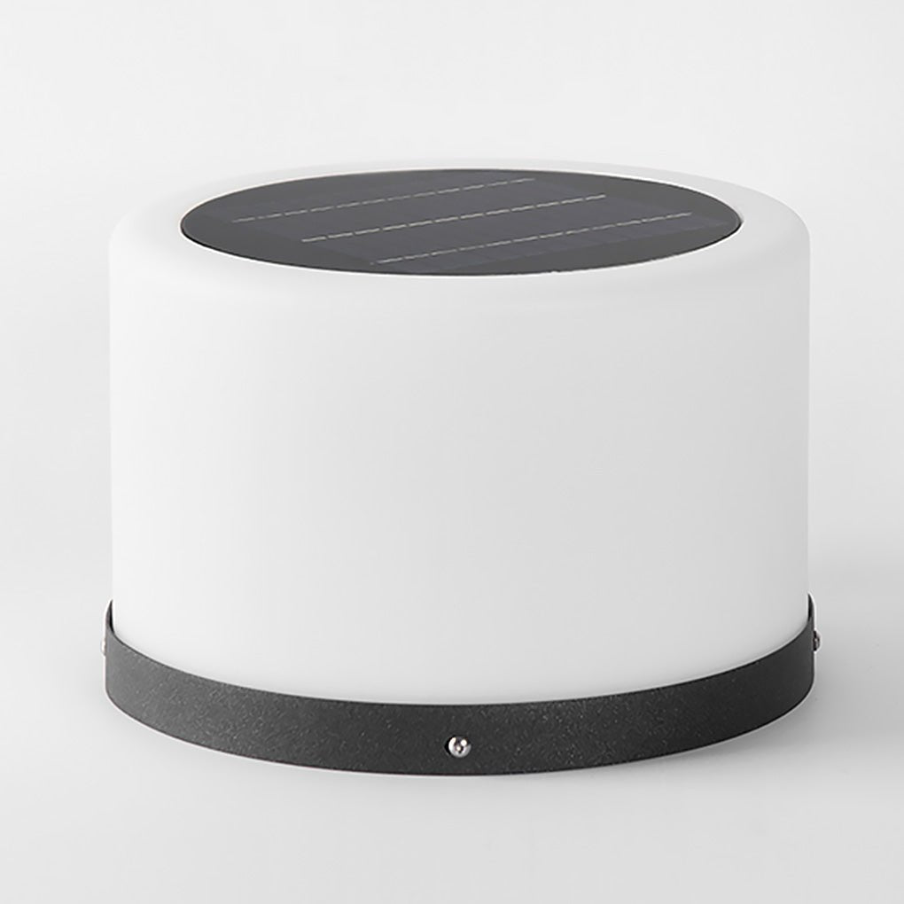 Modern Round Stainless Steel PC Solar Outdoor Pillar Light Black White IP54 Dusk to Dawn 2 Heights Courtyard Villa