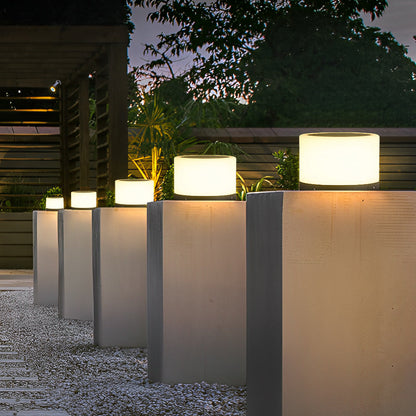 Modern Round Stainless Steel PC Solar Outdoor Pillar Light Black White IP54 Dusk to Dawn 2 Heights Courtyard Villa