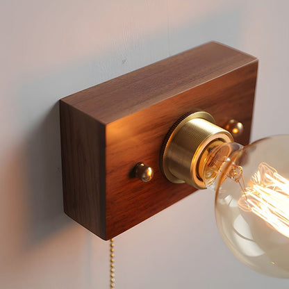 Vintage Walnut Wood Wall Sconce Pull Chain Mid Century Brass Bedroom Hallway