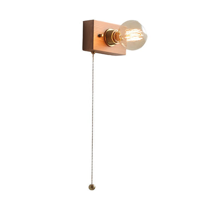 Vintage Walnut Wood Wall Sconce Pull Chain Mid Century Brass Bedroom Hallway