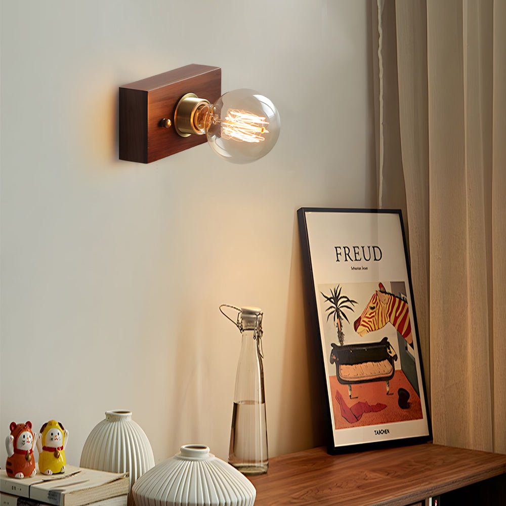 Vintage Walnut Wood Wall Sconce Pull Chain Mid Century Brass Bedroom Hallway