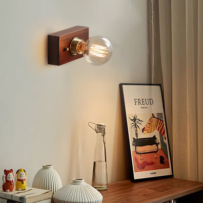 Vintage Walnut Wood Wall Sconce Pull Chain Mid Century Brass Bedroom Hallway