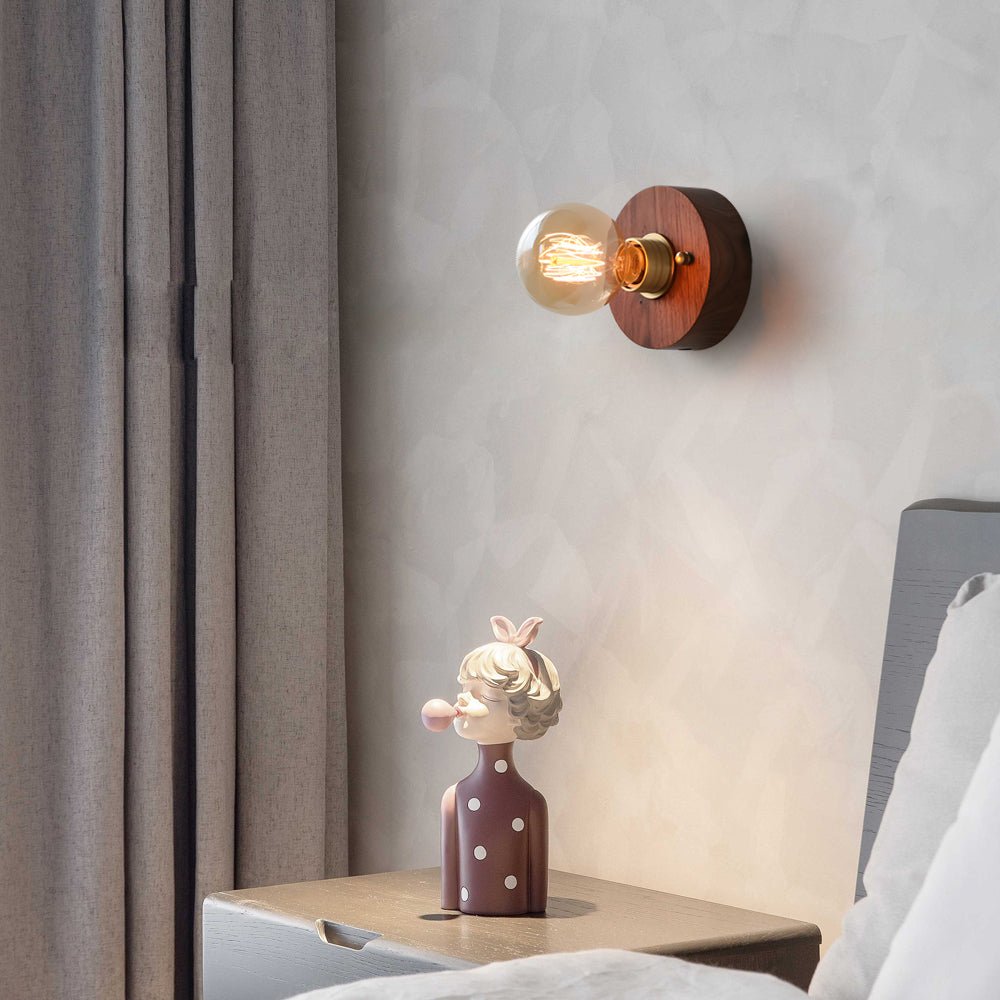Vintage Walnut Wood Wall Sconce Pull Chain Mid Century Brass Bedroom Hallway