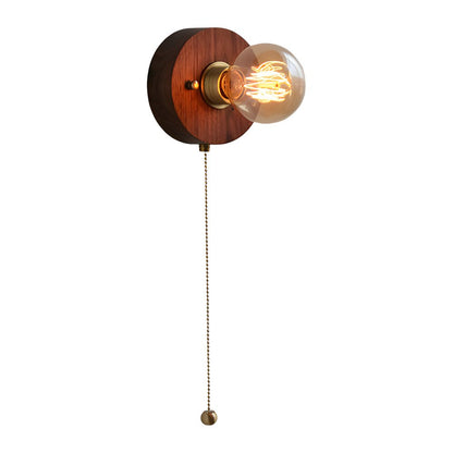 Vintage Walnut Wood Wall Sconce Pull Chain Mid Century Brass Bedroom Hallway