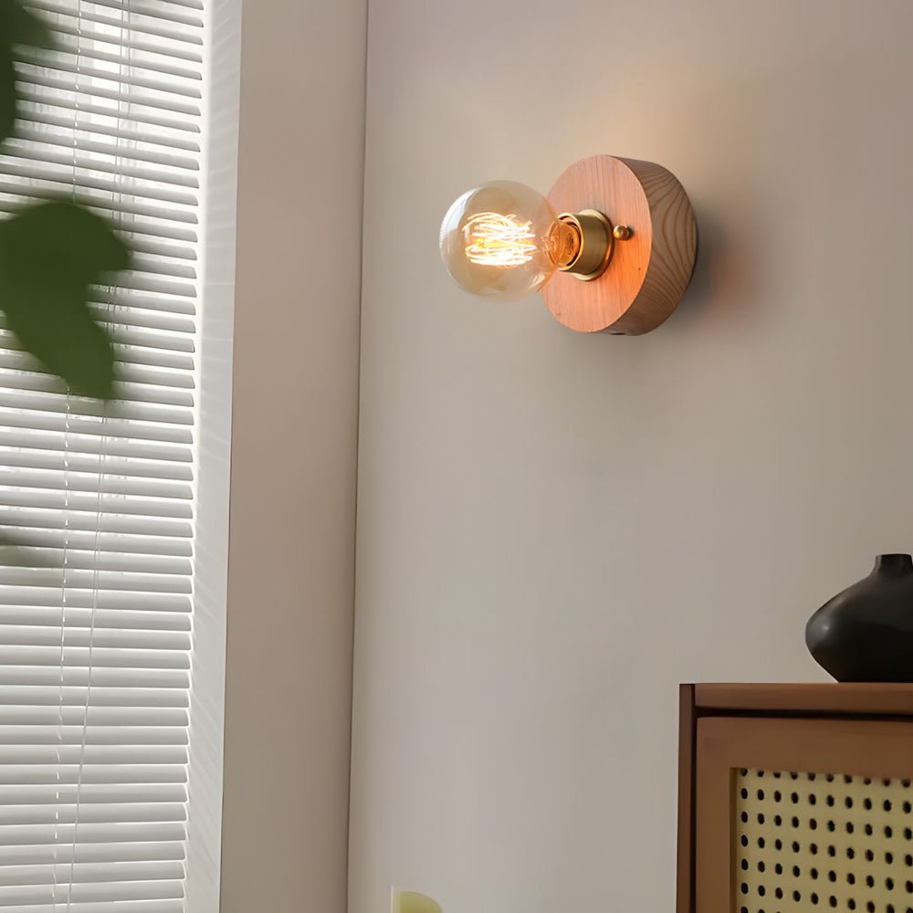 Vintage Walnut Wood Wall Sconce Pull Chain Mid Century Brass Bedroom Hallway