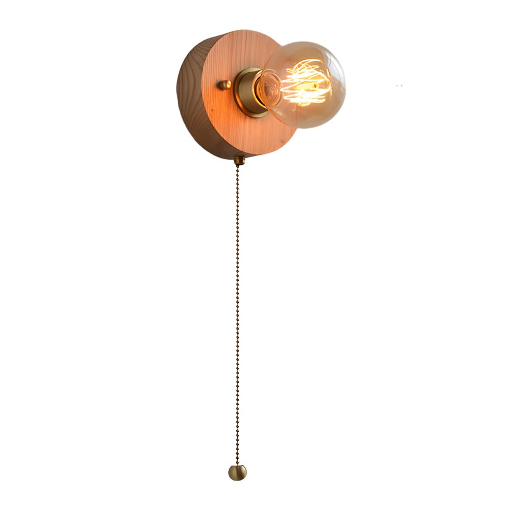 Vintage Walnut Wood Wall Sconce Pull Chain Mid Century Brass Bedroom Hallway