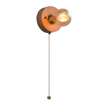 Vintage Walnut Wood Wall Sconce Pull Chain Mid Century Brass Bedroom Hallway