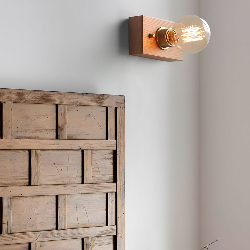 Vintage Walnut Wood Wall Sconce Pull Chain Mid Century Brass Bedroom Hallway