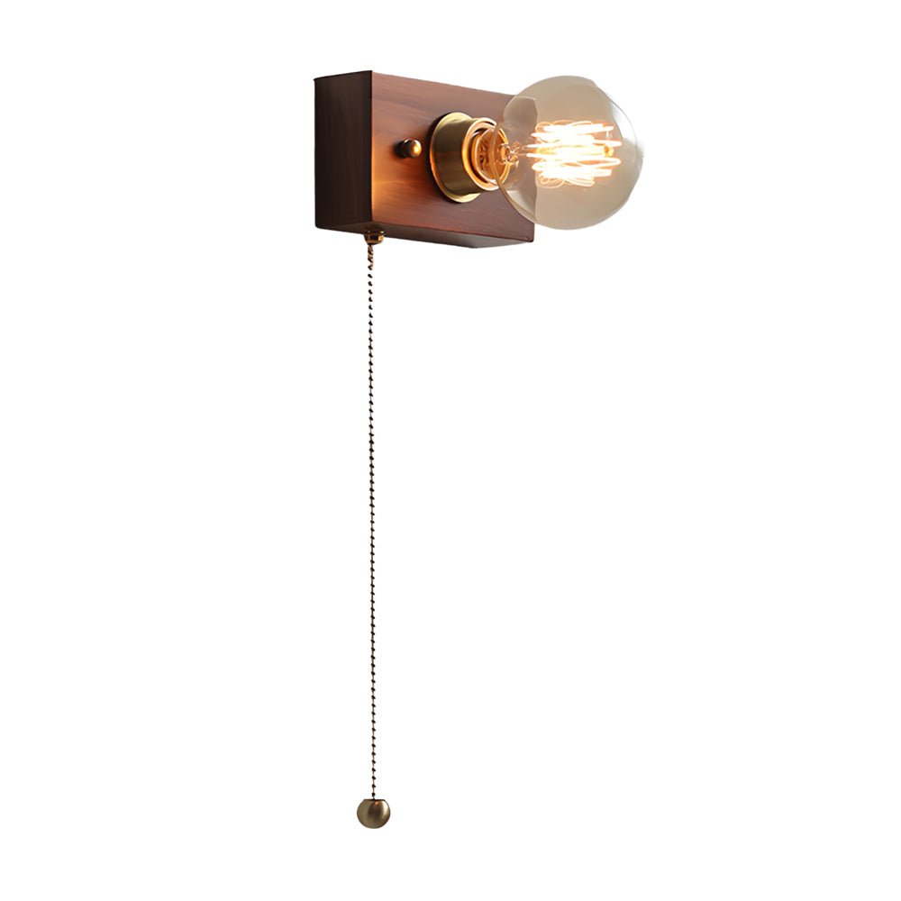 Vintage Walnut Wood Wall Sconce Pull Chain Mid Century Brass Bedroom Hallway
