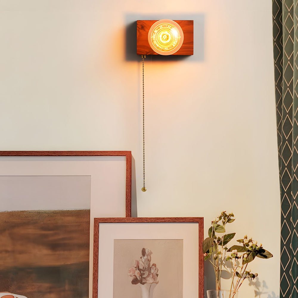 Vintage Walnut Wood Wall Sconce Pull Chain Mid Century Brass Bedroom Hallway