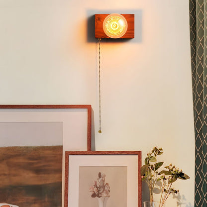 Vintage Walnut Wood Wall Sconce Pull Chain Mid Century Brass Bedroom Hallway