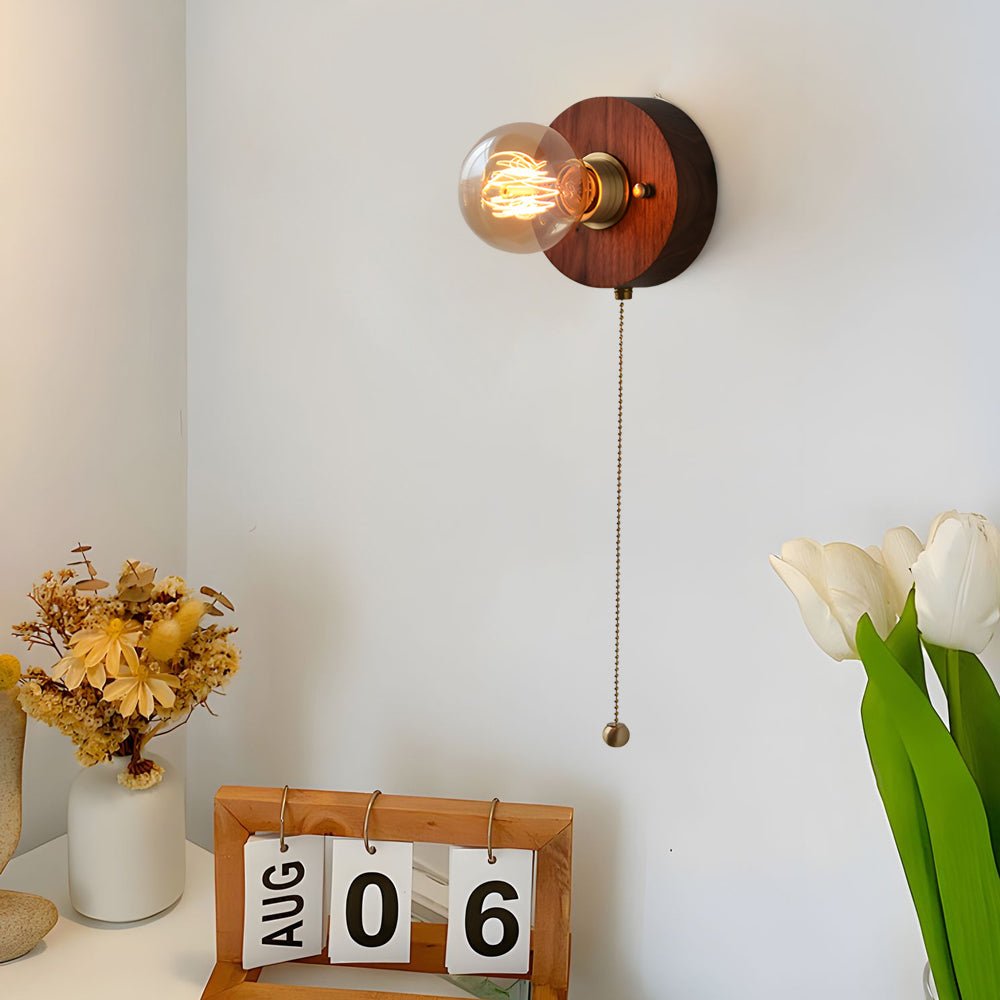 Vintage Walnut Wood Wall Sconce Pull Chain Mid Century Brass Bedroom Hallway
