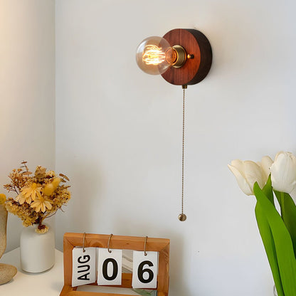 Vintage Walnut Wood Wall Sconce Pull Chain Mid Century Brass Bedroom Hallway