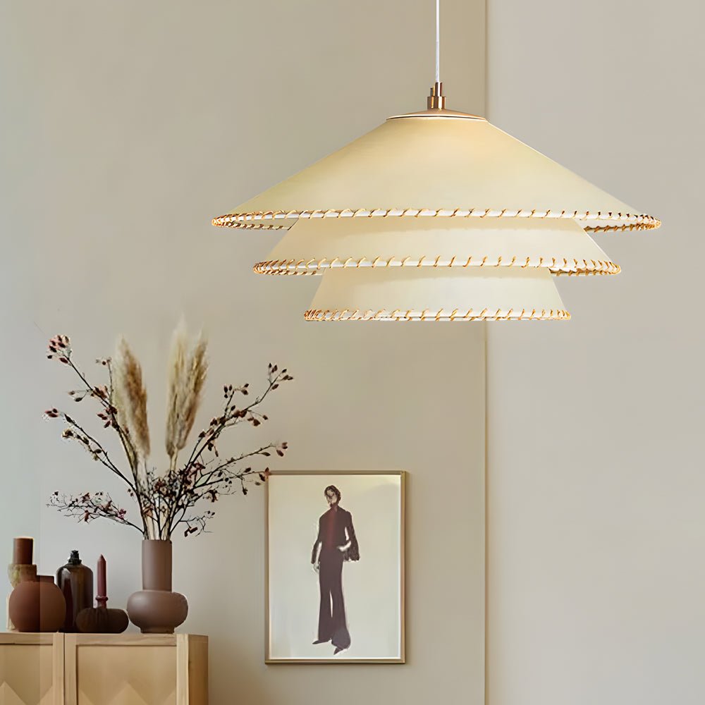 Three-Tier Parchment Paper Twine Pendant Light Gold Metal LED 3000K Warm White 3 Sizes Indoor