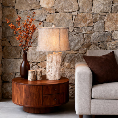 Rustic Table Lamp Bark Texture Resin Base Beige Fabric Shade E26 Bedside Living Room White 26.38 Inch