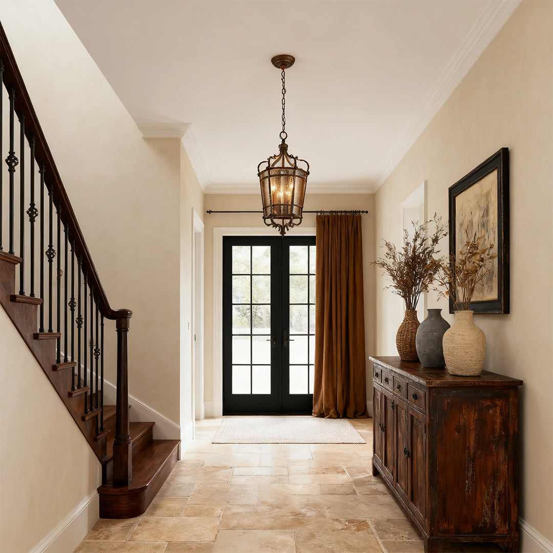 Italian Gothic Lantern Pendant Antique Bronze Iron 3-Light Transparent Glass E12 Dining Foyer