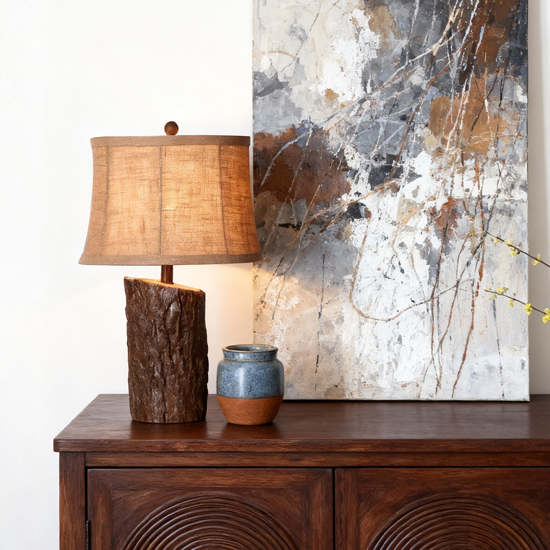 Rustic Faux Wood Table Lamp Dark Brown Bark Texture Beige Fabric Shade E26 Vintage Lodge Bedside 26.38 Inch