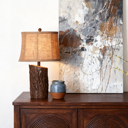 Rustic Faux Wood Table Lamp Dark Brown Bark Texture Beige Fabric Shade E26 Vintage Lodge Bedside 26.38 Inch